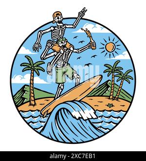 Two skull surfers on the beach Stock Vector