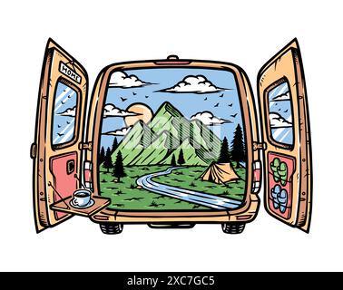 beautiful mountain view in the car illustration Stock Vector