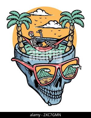 skull relaxing on the beach illustration Stock Vector