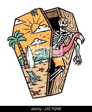 skull to the beach in a coffin illustration Stock Vector