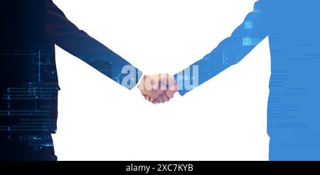 Two people in suits are shaking hands, symbolizing agreement and partnership, with a digital overlay background. Stock Photo