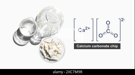 Calcium carbonate chip in chemical watch glass with molecular structure place next to beaker with alcohol and Erlenmeyer flask on white laboratory tab Stock Photo