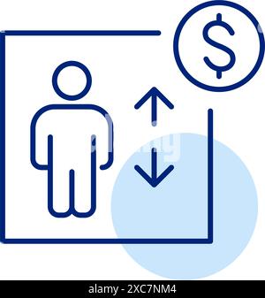 Person in elevator, arrows up and down, dollar sign. Cost management, investment in public infrastructure. Pixel perfect, editable stroke vector icon Stock Vector