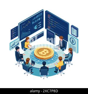 Isometric Business Team Analyzing Cryptocurrency Trends Around Bitcoin with Data Analytics in Background. Bitcoin and Cryptocurrency Market Analysis C Stock Vector