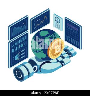 Isometric Robotic Hand Holding World with Bitcoin Surrounded by Digital Financial Chart. Bitcoin and Ai Cryptocurrency Data Analysis Concept Stock Vector
