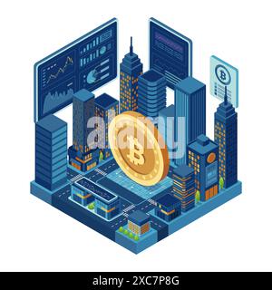 Flat 3d Isometric Cityscape Intertwined and Powered with Bitcoin. Bitcoin and Cryptocurrency Concept Stock Vector