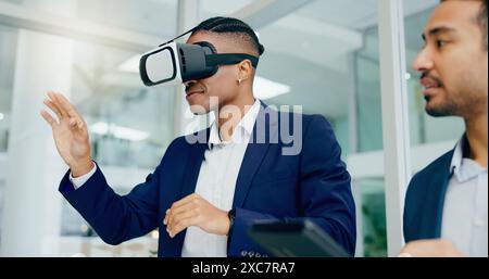Businessman, vr and glasses in office together for product prototyping, training and experience with vision. Man, team and corporate professionals Stock Photo