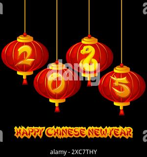 Red Chinese lanterns with the text Happy New Year 2025 of the golden snake. Chinese lamps. Oriental decoration for greeting card. Stock Vector