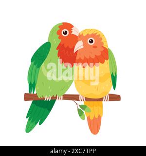Two parrots, parrots are inseparable, cute birds on a tree branch. Stock Vector