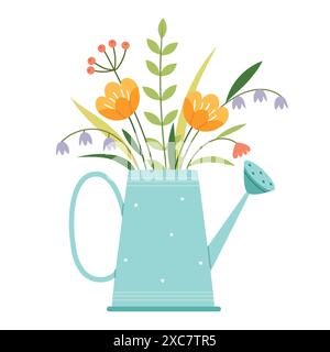 Vector vintage card with a bouquet of flowers and a copper watering can in pastel colors. Stock Vector