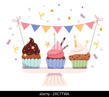 A set of festive cupcakes. Sweets on a tray. Pastries with cream and chocolate. Confetti.Birthday. Festive mood. Pastel colors. Hand draw. Stock Vector