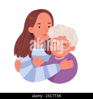 Happy granddaughter hugs her grandmother. Greeting card for Grandparents' Day. Happy Mother's Day. Stock Vector