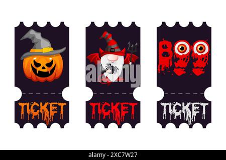Halloween tickets. Vector templates for Halloween Party. Paper ticket stubs and entrance passes set with devil, Boo,pumpkin and other Haloween symbols Stock Vector