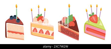 Set of hand drawn colorful tasty pieces of cakes, slices of pies. Stock Vector