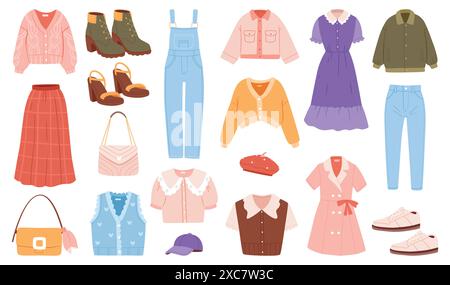 A set of womens clothes.Different apparel collection. Modern casual dress, pants, jacket, shoes and bags. Stock Vector