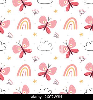 A pattern with butterflies, flowers and clouds on a white background. Stock Vector