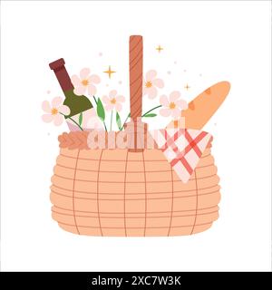 Wicker picnic basket with wine baguette and flowers. Picnic in French style. Romance. Stock Vector