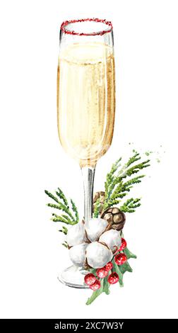 Festive Champagne glass with Christmas decor. Hand drawn watercolor illustration  isolated on white background Stock Photo