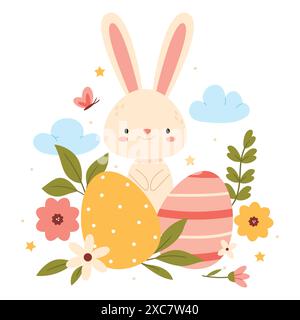Easter bunny and egg.Animal wildlife holidays cartoon. Stock Vector