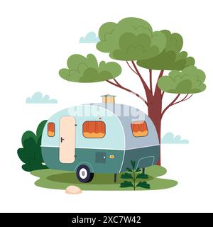Travel caravan camper.Camping car.Adventure RV trailer.Isolated on white background. Vector flat illustration. Stock Vector