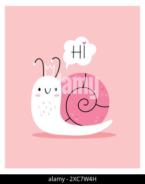 A funny snail on a pink background says hello.Cute vector illustration snail doodle style. Stock Vector