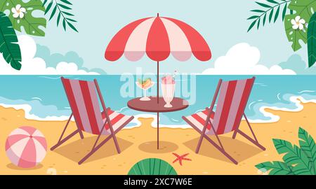 Cartoon tropical landscape with sunbeds overlooking the ocean.Cocktails on the beach. Stock Vector