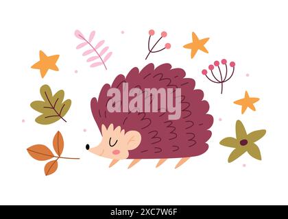 A cute hedgehog in the middle of autumn leaves. A minimalistic character in a hand drawn style. Stock Vector