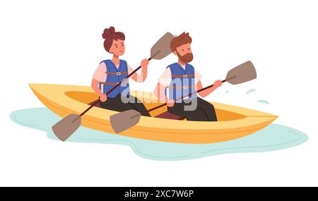 People enjoy active water sports vector illustration.Extreme man and woman rafting, kayaking, canoeing and sailing isolated. Diverse person in protect Stock Vector