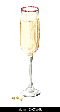 Festive Champagne glass with decor. Hand drawn watercolor illustration  isolated on white background Stock Photo