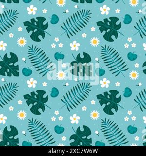 Seamless pattern with hand drawn tropical ornament, palm leaves in green tones. jungle pattern. trend flat pattern for printing on fabric. clothes, wr Stock Vector