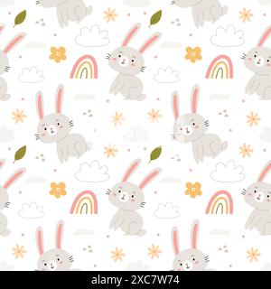 Childrens pattern with rabbits and rainbows in boho style. Stock Vector