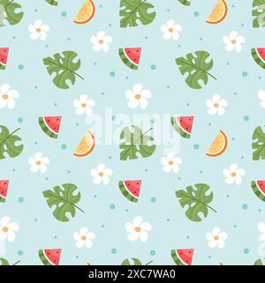 Summer pattern with fruits, flowers and leaves on a blue background. Monstera orange and watermelon. Stock Vector
