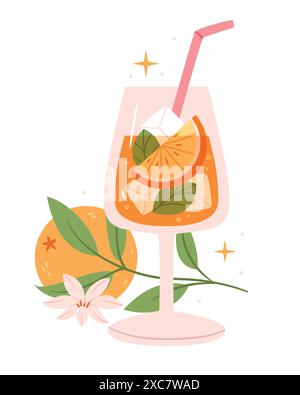 Summer fruit drink cocktail with straw and citrus slices.Summer alcoholic cocktail with prosecco, aperol and oranges. Stock Vector