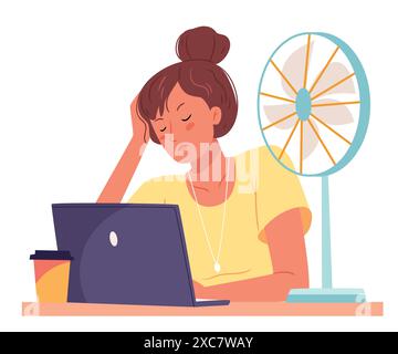 Woman works at laptop, sweating from heat, hot weather, high temperature.Overheating and exhaustion. Workplace conditioning. Flat vector cartoon illus Stock Vector