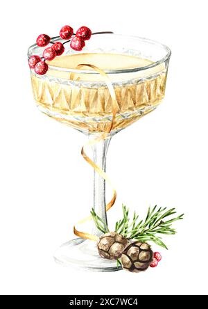 Festive Champagne glass with xmas decor, Hand  drawn watercolor illustration isolated on white background Stock Photo