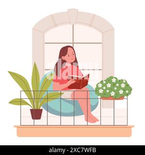 The girl is resting and reading a book on the balcony. Garden on the balcony. Stock Vector