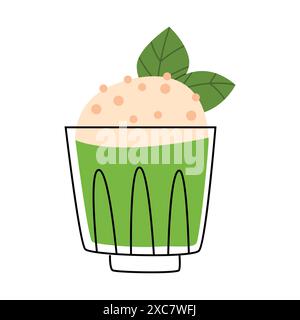 Matcha latte cartoon vector illustration. Herbal drink in tall glass mug flat color object. Mint beverage in cup. Natural cocktail. Cafeteria tablewar Stock Vector