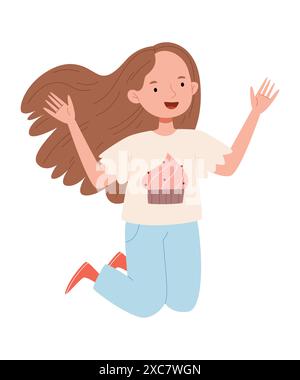 Happy little girl is jumping.Funny tshirt with a cupcake. Illustration in pastel colors in a flat style. Stock Vector