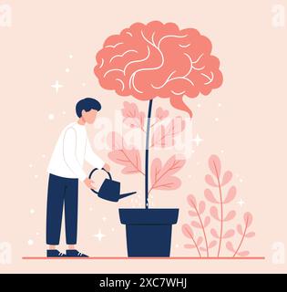 Man holds a watering can in his hand and waters a plant growing from his brain.Self improvement concept. Colorful vector illustration Stock Vector