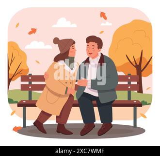 Man and woman have a date in the park. Romantic couple sitting on a bench and smiling. Two lovers spend time together. Vector illustration in flat car Stock Vector