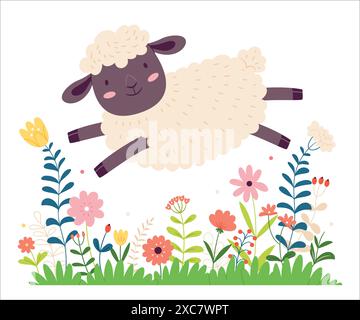 A sheep in Scandinavian style jumps through a field of flowers. Baby flat graphic vector illustration. Stock Vector