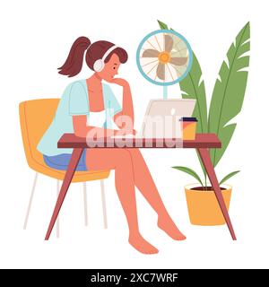 Cooling devices at work. Collection of exhaustion employees sitting under fan or air conditioner. Rescue in hot weather.Overheating and exhaustion. Wo Stock Vector