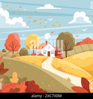 Cute autumn house.Fall season landscape, countryside scenery, autumn mood. Rustic houses, cozy cottages illustration.Flat vector hand draw Stock Vector