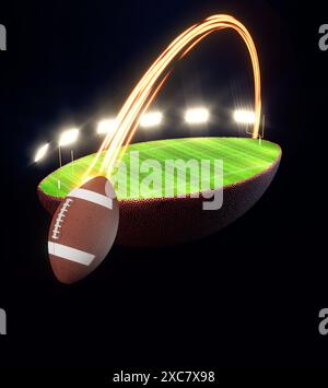 An american football sport ball flying through the air with a trail of glowing wispy lights across a ball split in half with a marked green grass foot Stock Photo