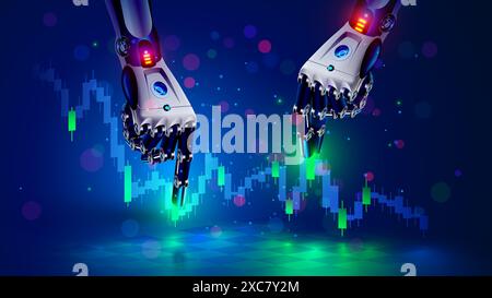 Robot or bot trader. AI for automation trading on stock market. Hands robot point at candlestick graph on trading exchange market. Artificial intellig Stock Vector