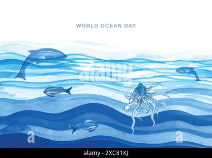 World oceans day with underwater ocean watercolor background Stock Vector