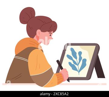 Happy woman work with tablet . Student designer character enjoy drawing project on workspace. Stock Vector