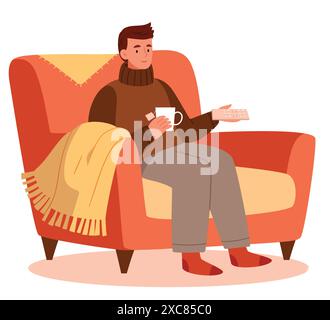 Man watches TV on sofa with coffee cup vector illustration. Watching TV and drink coffee, relax at home on couch Stock Vector