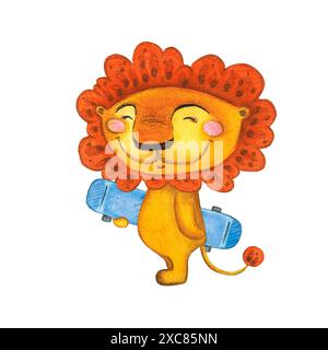 Watercolor, children's illustration depicting a lion with a skateboard Stock Photo