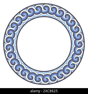 Round mosaic frame with sea wave curls in portuguese style, circle border decor with greek ornament, vector Stock Vector